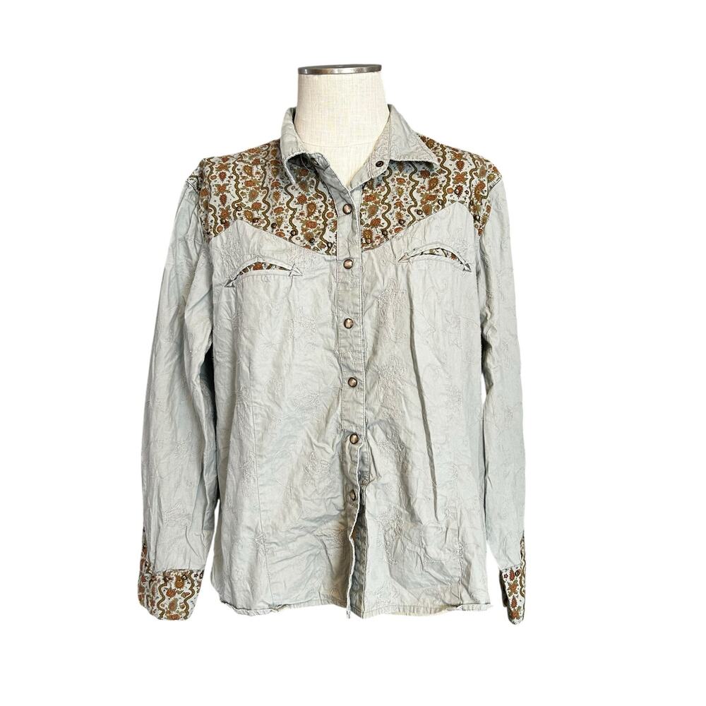 Scully Gray Western Pearl Snap Embroidered Shirt Sz XXL Rodeo Cowgirl